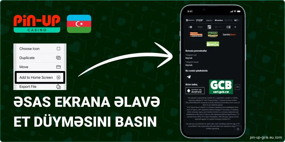 Açılan menyuda seçimləri nəzərdən keçirin və "Əsas ekrana əlavə et" seçin